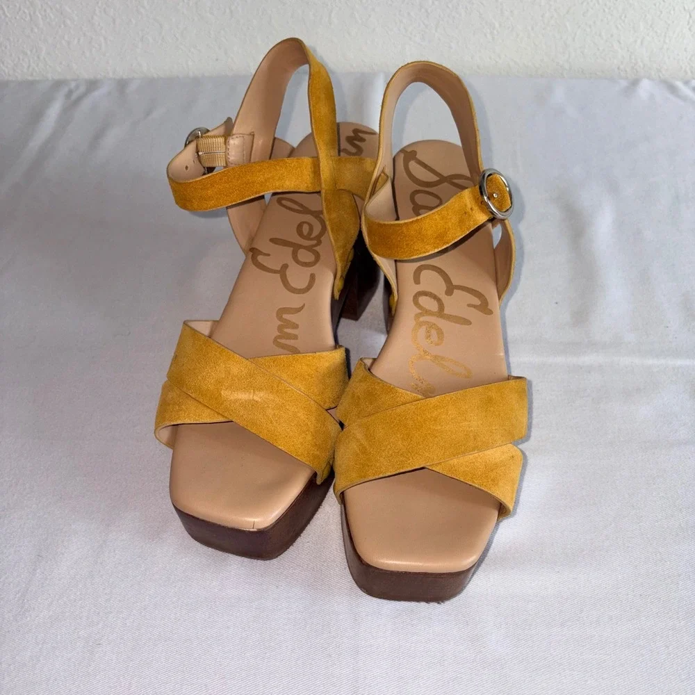 Sam Edelman Josephine platform Sandals 8.5 Mustard Yellow Suede Wood Block Heel